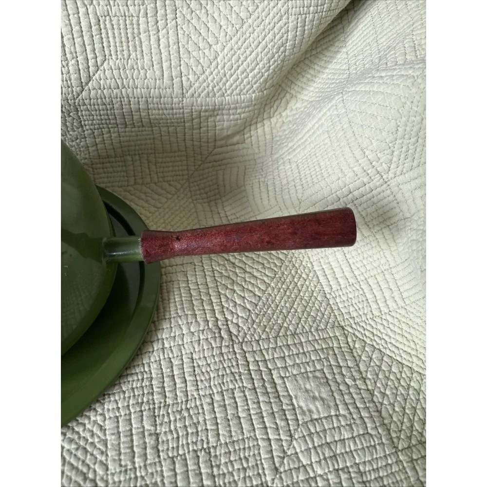 VTG Avocado Green Fondue Pot Lid Wood Handle Tray Mid Century Modern MCM Decor